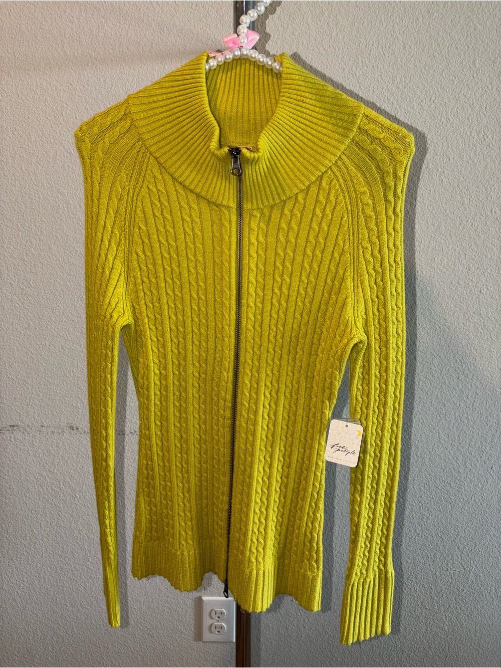 Free People Ribbed Cable Knit Full Zip Mock Neck Sweater Chartreuse Size S New